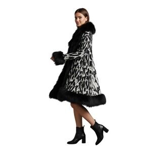 Betsey Johnson Black White Animal Print Faux Fur Trim Cardigan Sweater Coat M